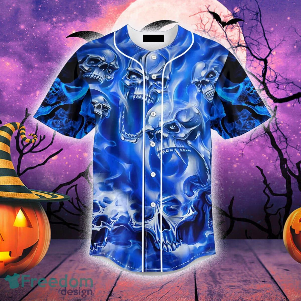 Blue Fire Halloween Skull Baseball Jersey Shirt Custom Name - Freedomdesign