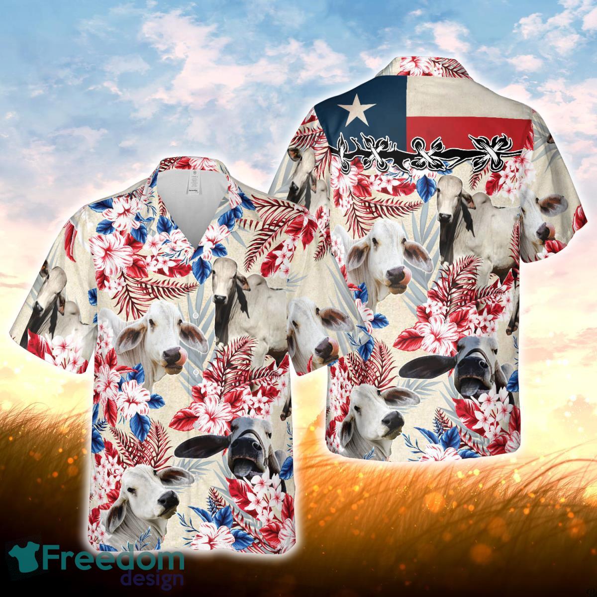 Brahman Cattle Texas Flag Hawaiian Flowers All Over Printed 3D Hawaiian Shirt For Men Women Product Photo 1