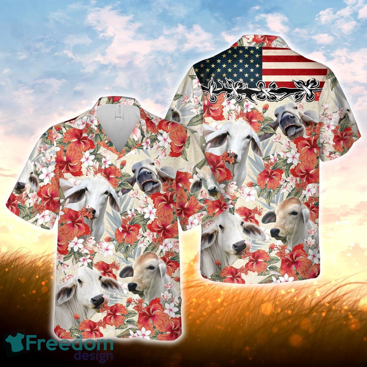 Brahman Hibicus Floral US Flag 3D Hawaiian Shirt For Men Women Product Photo 1