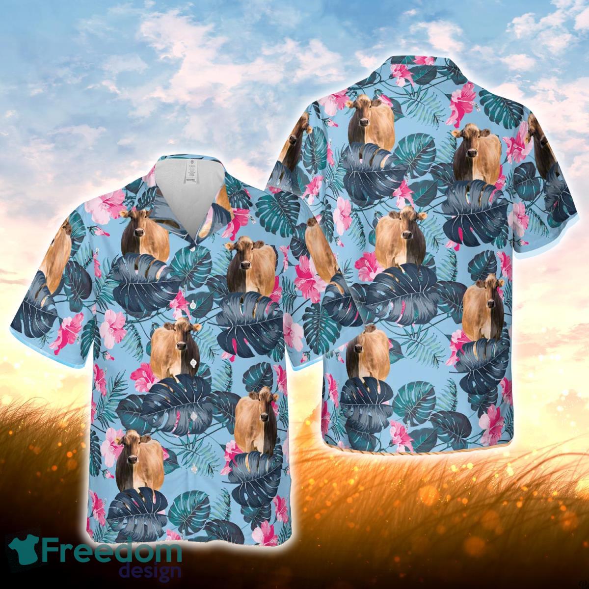 Brown Swiss Blue Hibiscus Hawaiian Shirt For Men Women Product Photo 1