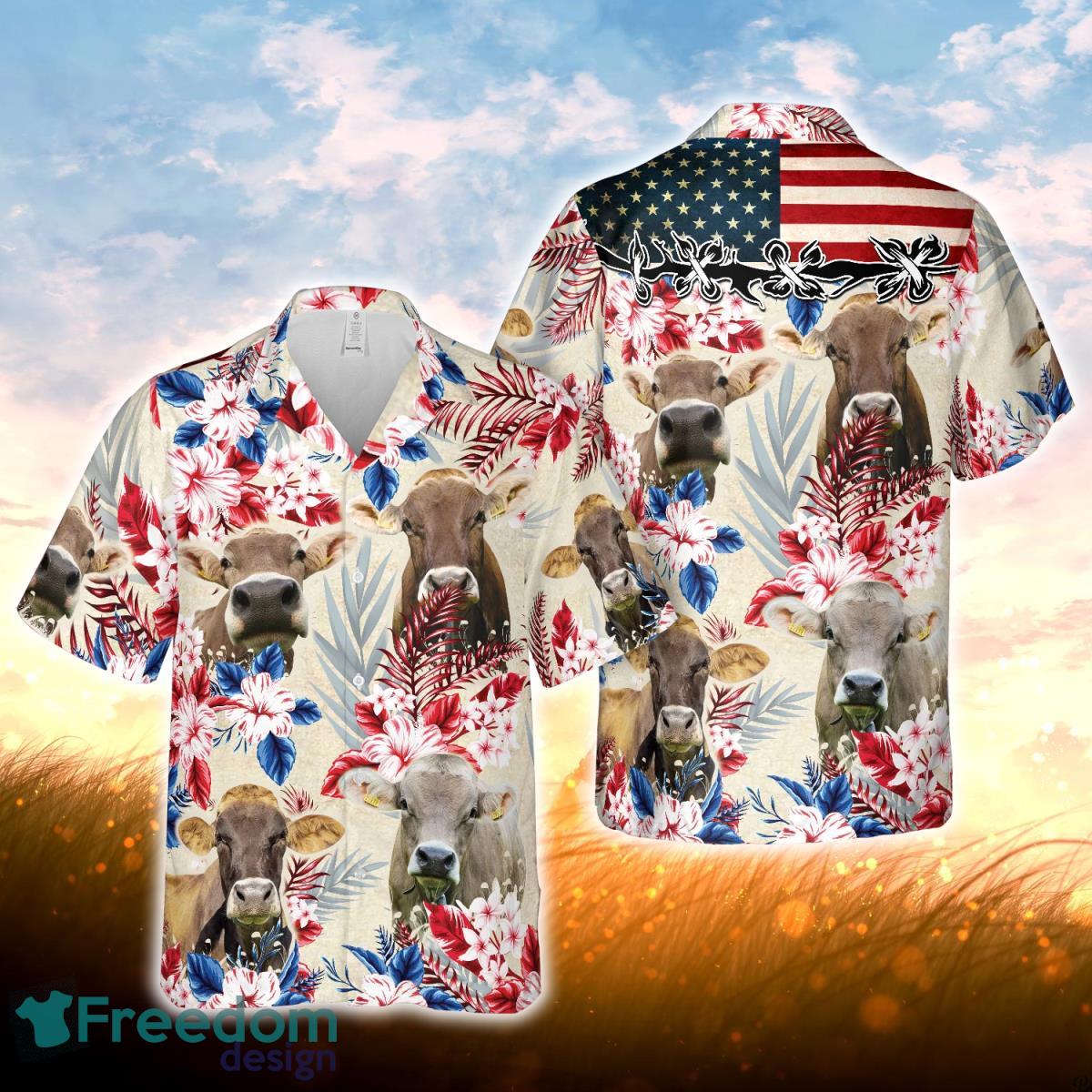 Brown Swiss Pattern US FLAG Hawaiian Shirt For Men Women Product Photo 1