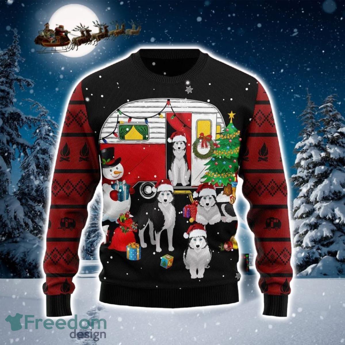 Camping Car And Siberian Husk 3D Sweater Ugly Christmas Sweater For Men Women Product Photo 1