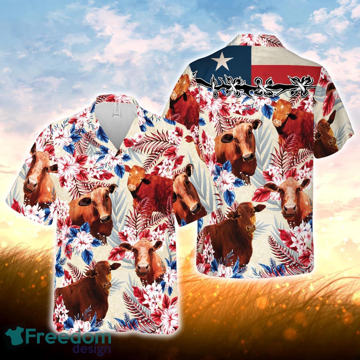 Cattle Texas Flag Hawaiian Flowers All Over Printed 3D Hawaiian Shirt For Men Women Product Photo 1