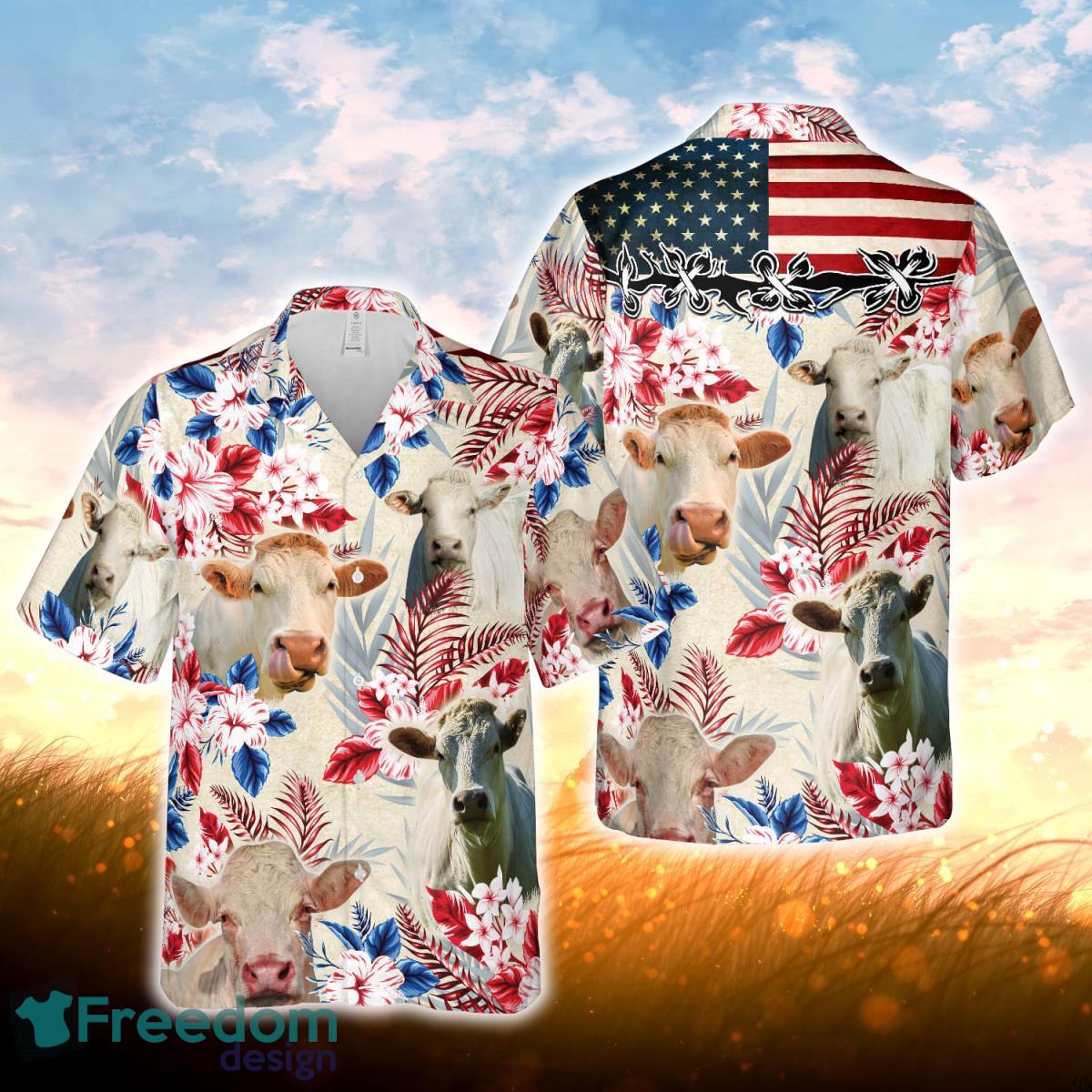 Charolais Cattle American Flag Hawaiian Flowers All Over Printed 3D Hawaiian Shirt For Men Women Product Photo 1