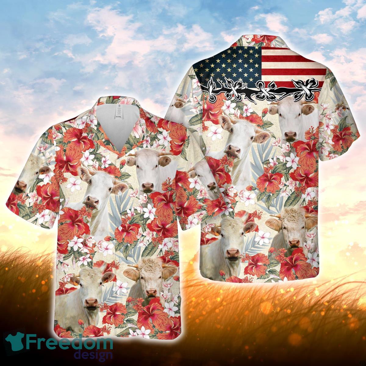 Charolais Hibicus Floral US Flag 3D Hawaiian Shirt For Men Women Product Photo 1