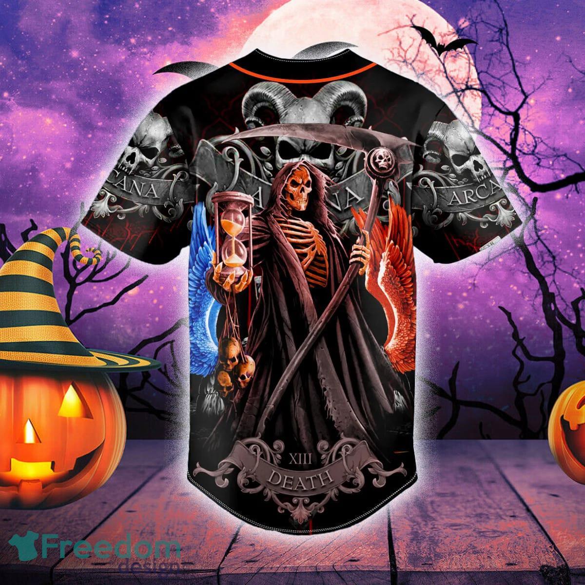 Custom Name Grim Reaper Sand Clock Horned Skull Baseball Jersey For Men And  Women Gift Halloween - Freedomdesign