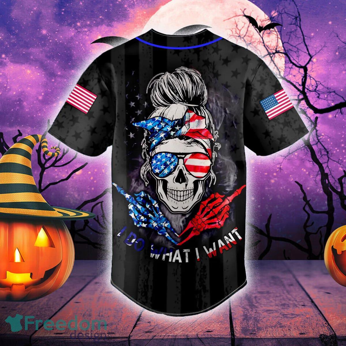 I Do What I Want American Flag Halloween Skull Baseball Jersey Shirt Custom  Name - Freedomdesign