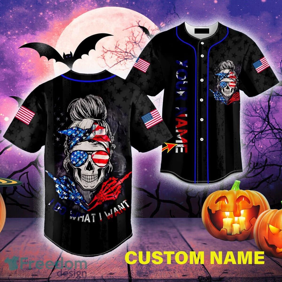 Custom Name I Do What I Want American Flag Patriotist Messy Bun Skull Baseball  Jersey For Men And Women Gift Halloween - Freedomdesign