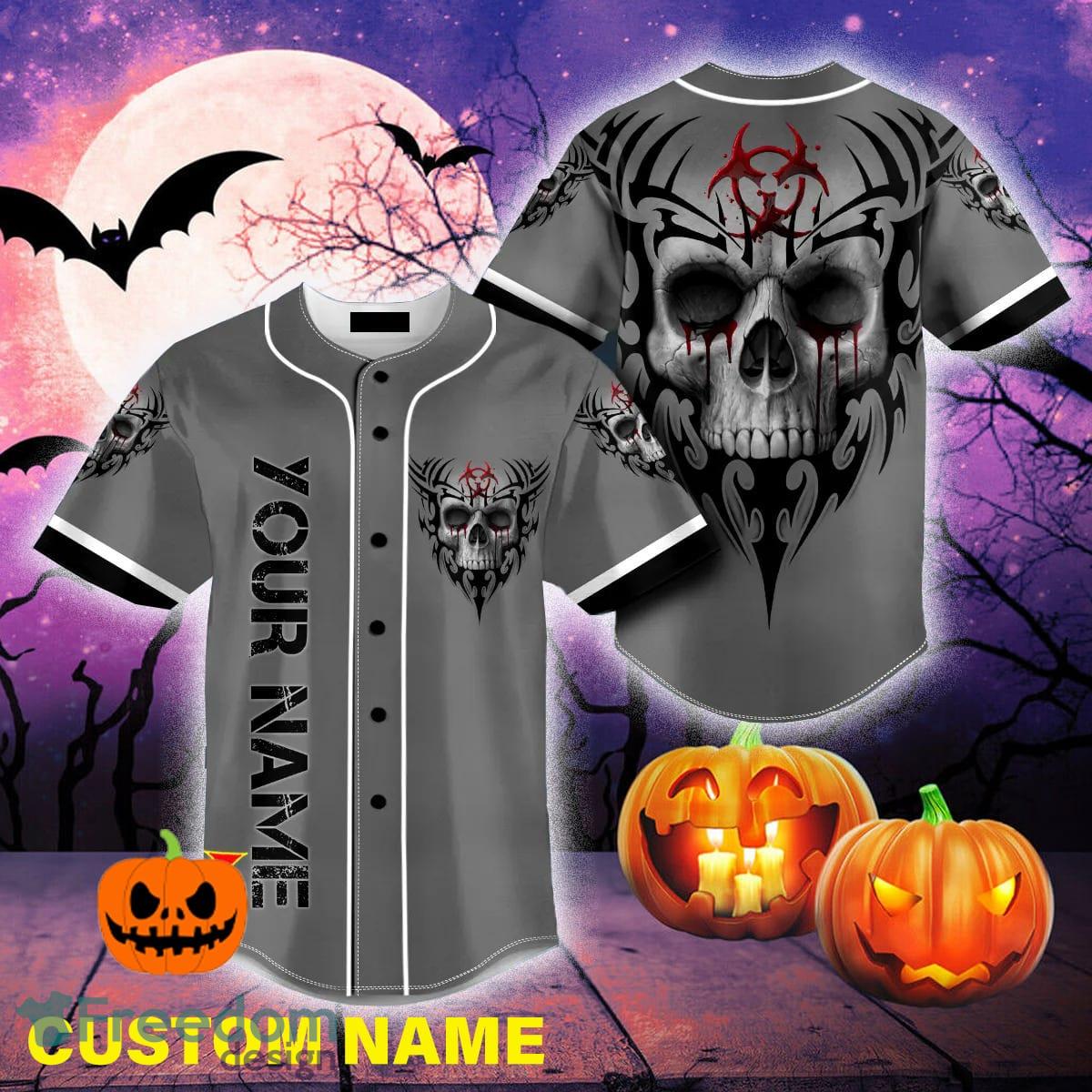 Custom Name Red Lightning Biohazard Skull Baseball Jersey For Men And Women  Gift Halloween - Banantees