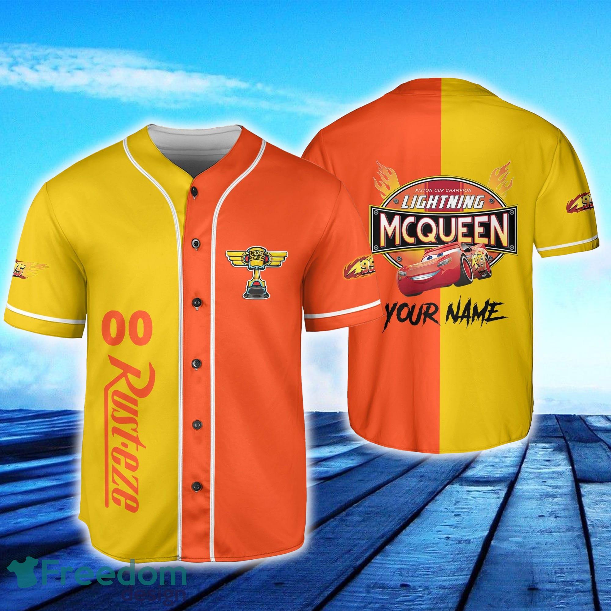 Custom Name And Number For Disney Fans Lightning Mcqueen Racing Champion  Speed Orange Yellow Red Baseball Jersey Shirt