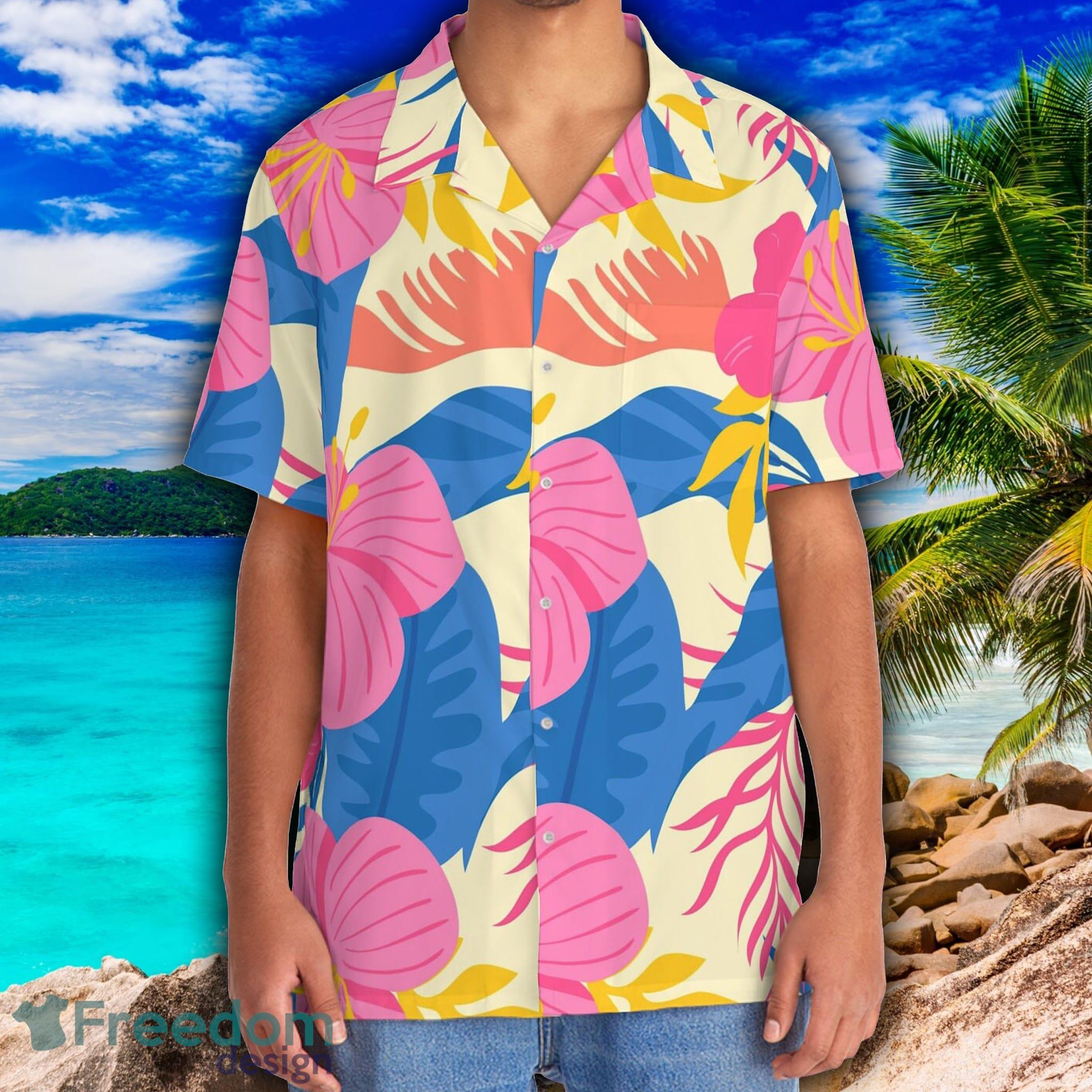 Hawaiian Style Pink Flower Blue Leaf Men's Hawaiian Shirt Summer