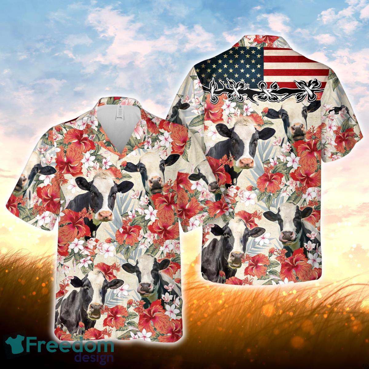 Holstein Hibicus Floral US Flag 3D Hawaiian Shirt For Men Women Product Photo 1