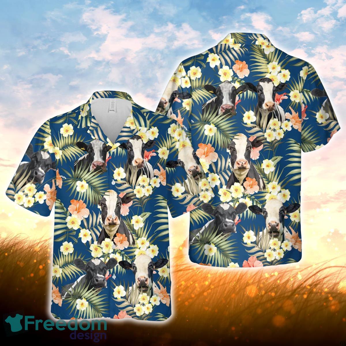 Holstein Summer Blue Floral 3D Hawaiian Shirt For Men Women Product Photo 1