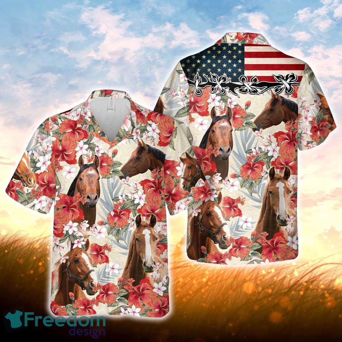 Horse Hibicus Floral US Flag 3D Hawaiian Shirt For Men Women Product Photo 1