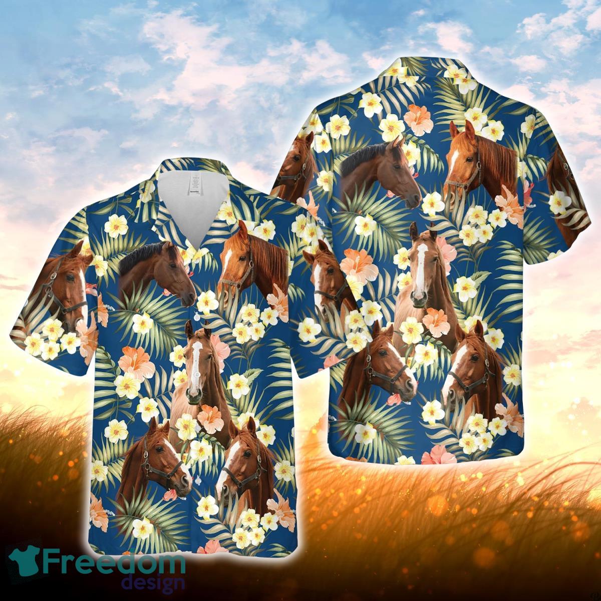 Horse Summer Blue Floral 3D Hawaiian Shirt For Men Women Product Photo 1