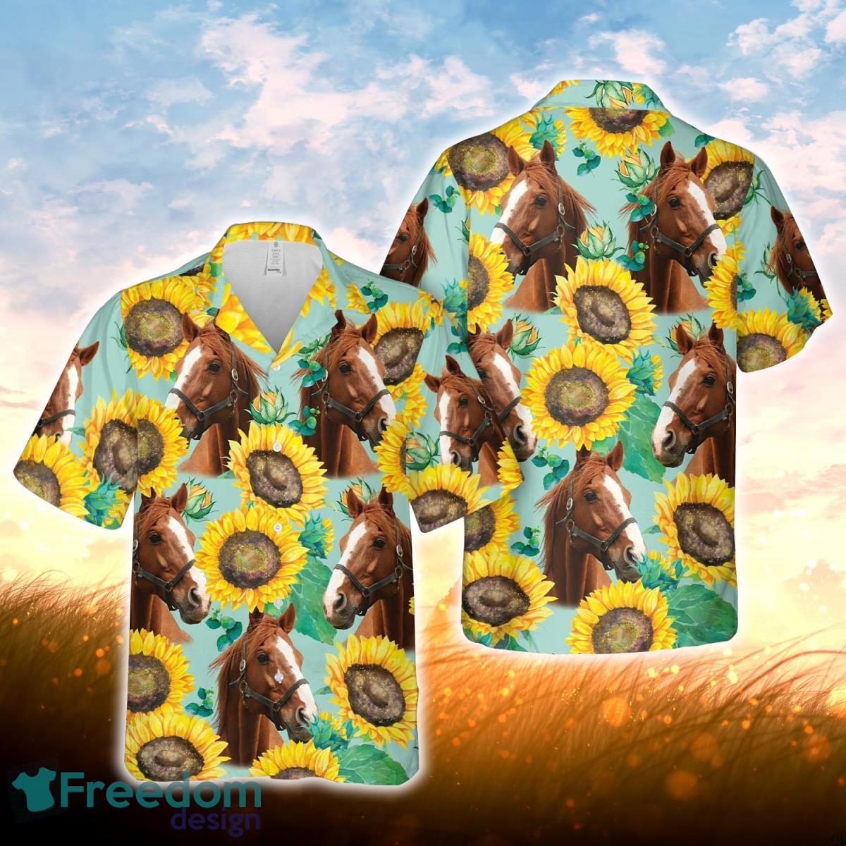 Horse Sunflowers Floral Farm 3D Hawaiian Shirt For Men Women Product Photo 1