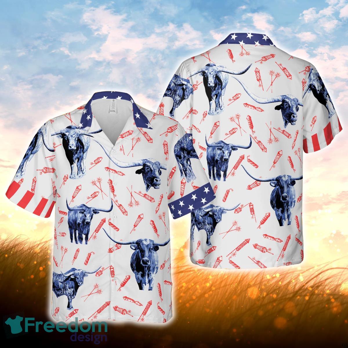 Independence Day Fire Cracker Black TX - Longhorn Pattern All Printed 3D Hawaiian Shirt For Men Women Product Photo 1