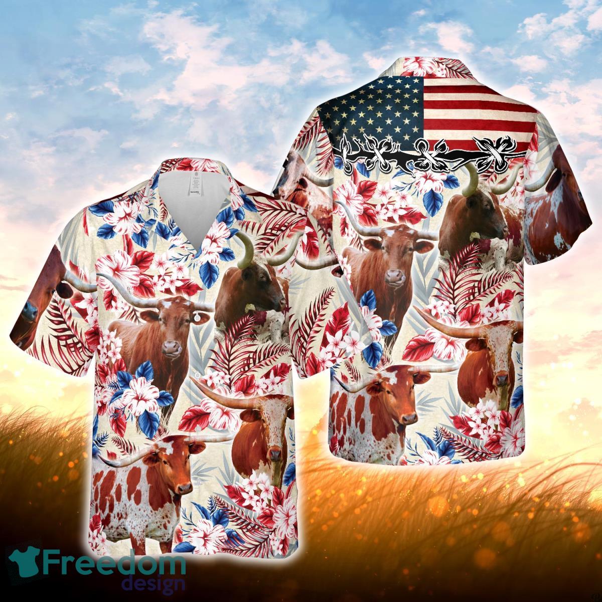 Longhorn Cattle American Flag Hawaiian Flowers All Over Printed 3D Hawaiian Shirt For Men Women Product Photo 1