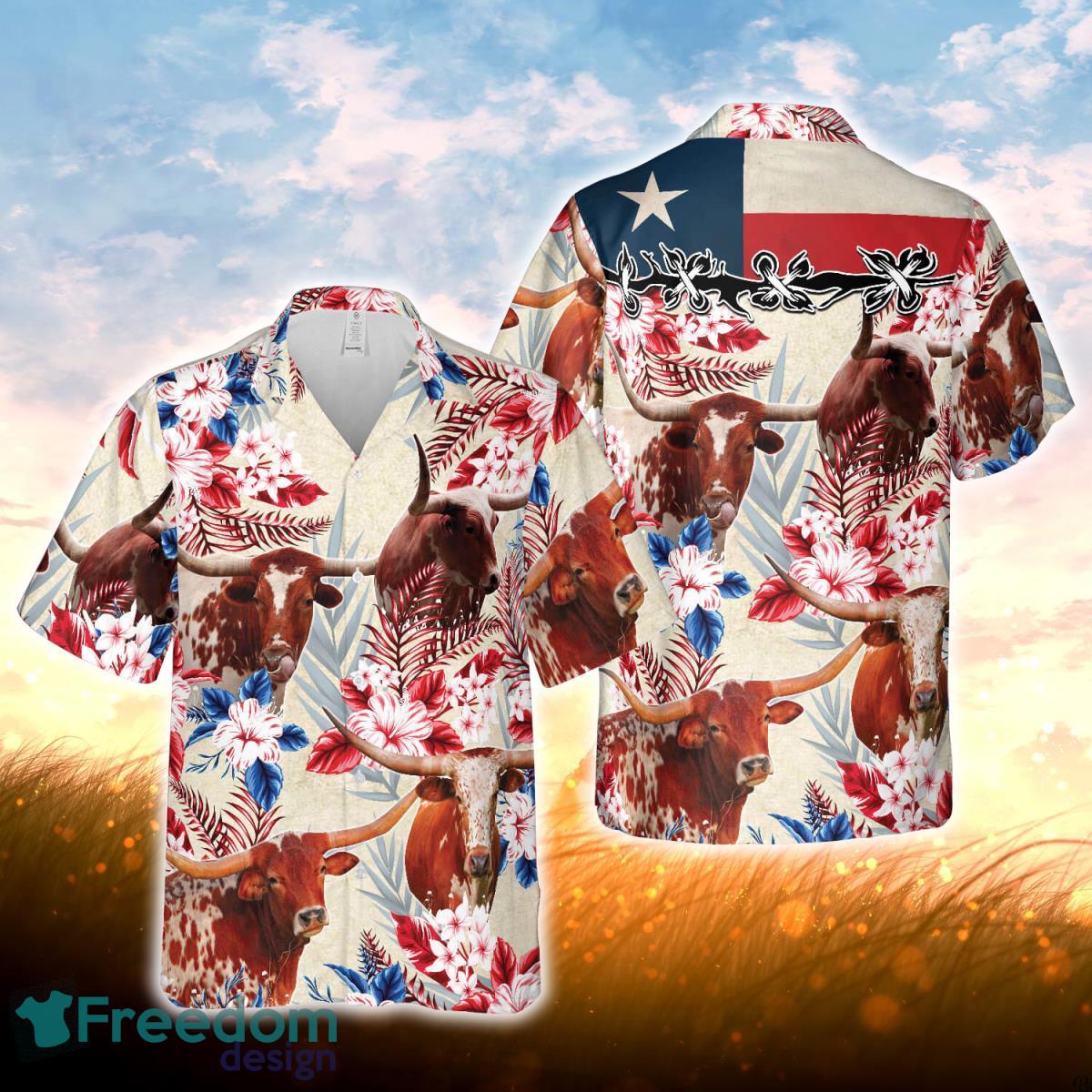 Longhorn Cattle Texas Flag Hawaiian Flowers All Over Printed 3D Hawaiian Shirt For Men Women Product Photo 1