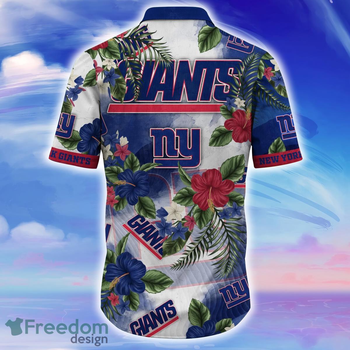 New York Giants Floral Football Team Aloha Hawaiian Beach Summer Graphic  Prints Button Up Shirt