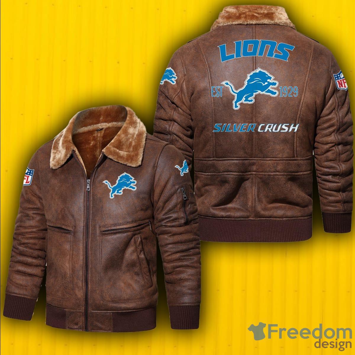NFL Detroit Lions Fur Collar Leather Jacket Mens - Freedomdesign
