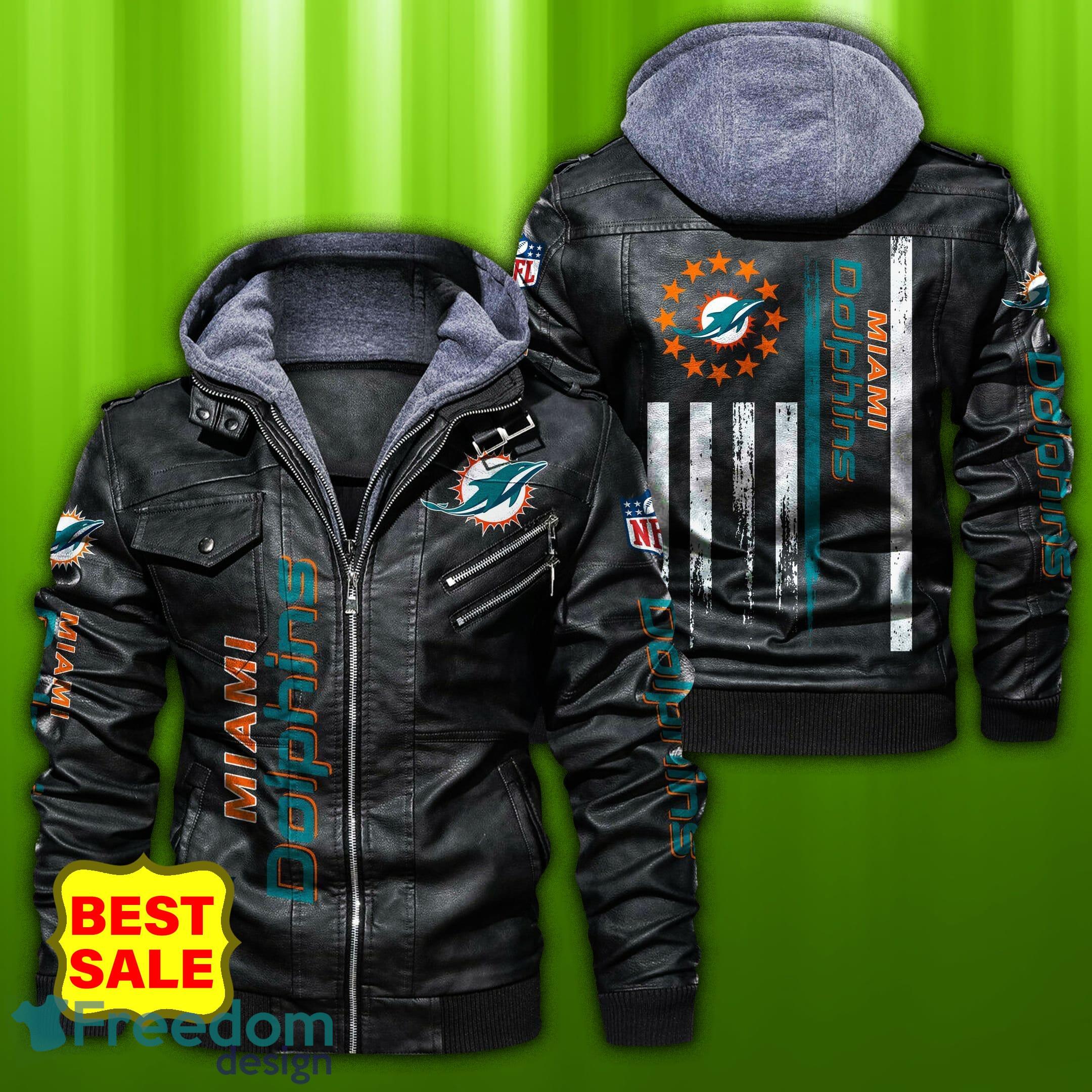 NFL Miami Dolphins Style 8 Big Logo Black Brown Leather Jacket For Fans -  Freedomdesign