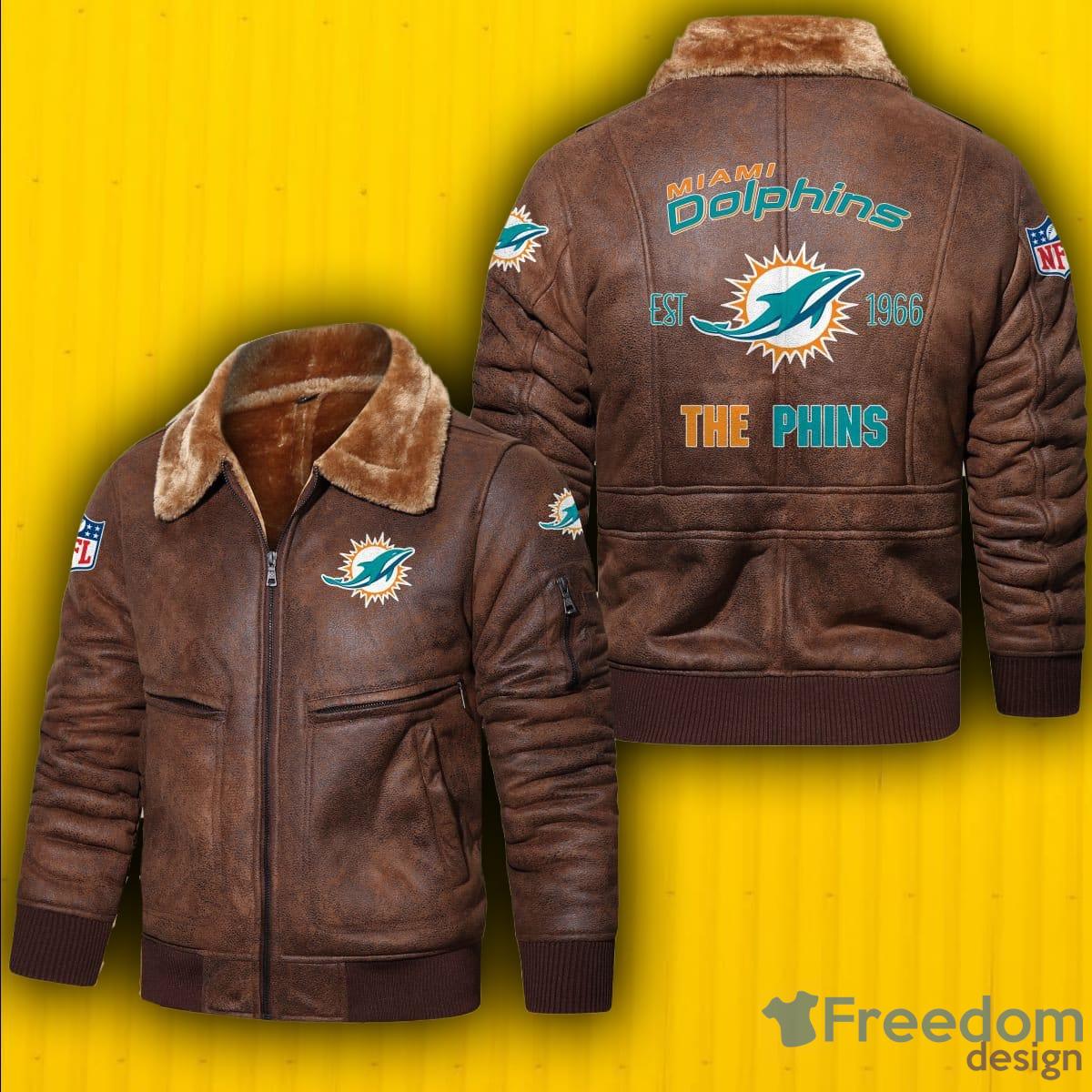 NFL Miami Dolphins Style 8 Big Logo Black Brown Leather Jacket For Fans -  Freedomdesign