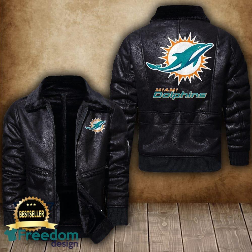 NFL Miami Dolphins Leather Jacket Feather Neck Gift For Men And