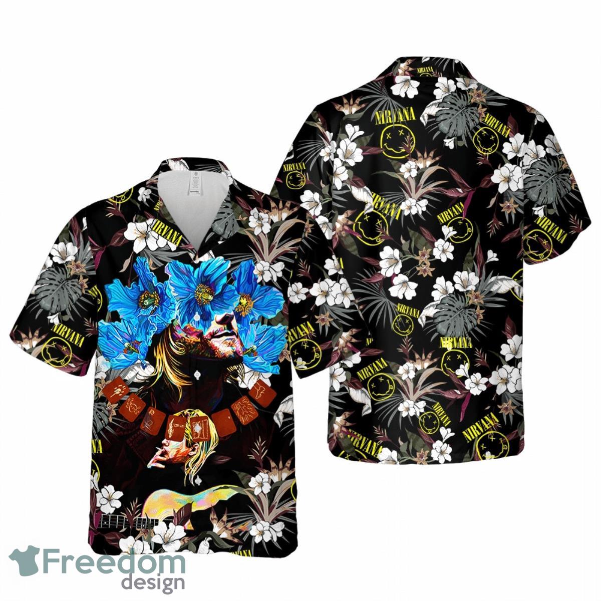 Nirvana Merch Kurt Cobain Art Rock Music Blue Flowers Hawaiian Shirt Special Gift For Men And Women Product Photo 1