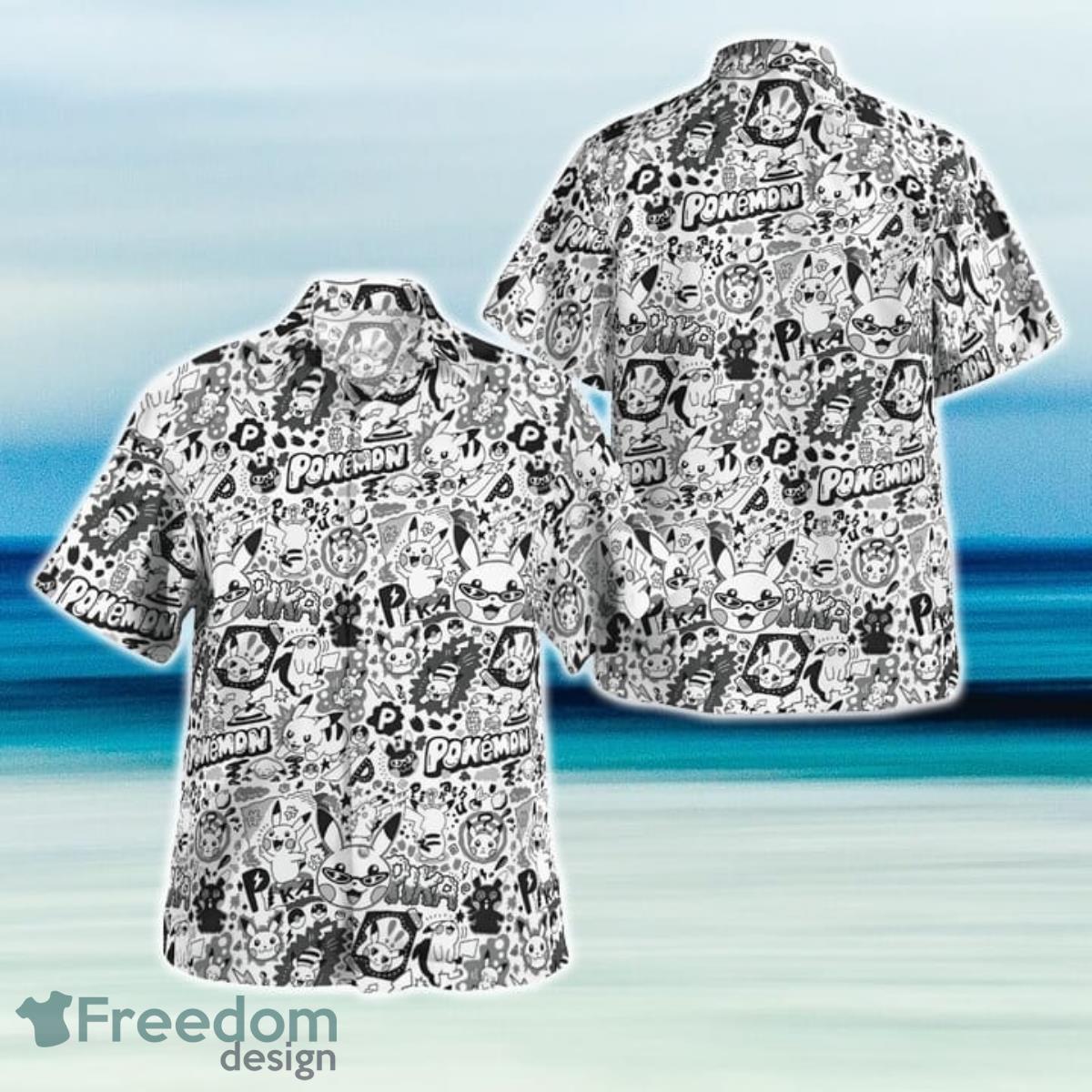 Pikachu Pokemon Black White Hawaiian Shirt And Short For Fans Product Photo 1