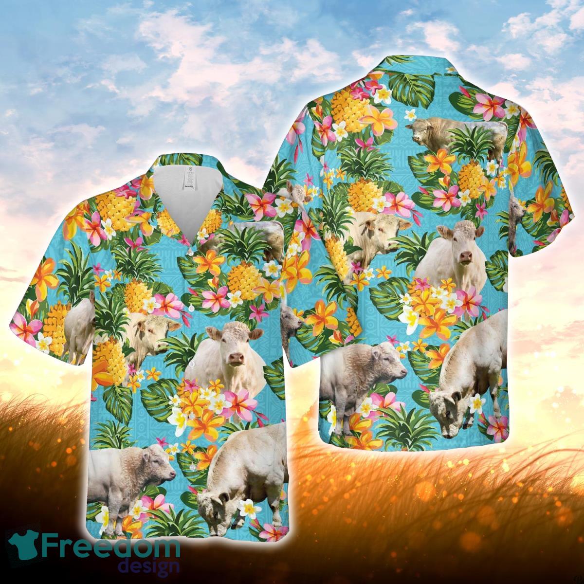 Pineapple Hawaiian Theme For Charolais Cattle Lovers All 3D Printed Hawaiian Shirt For Men Women Product Photo 1