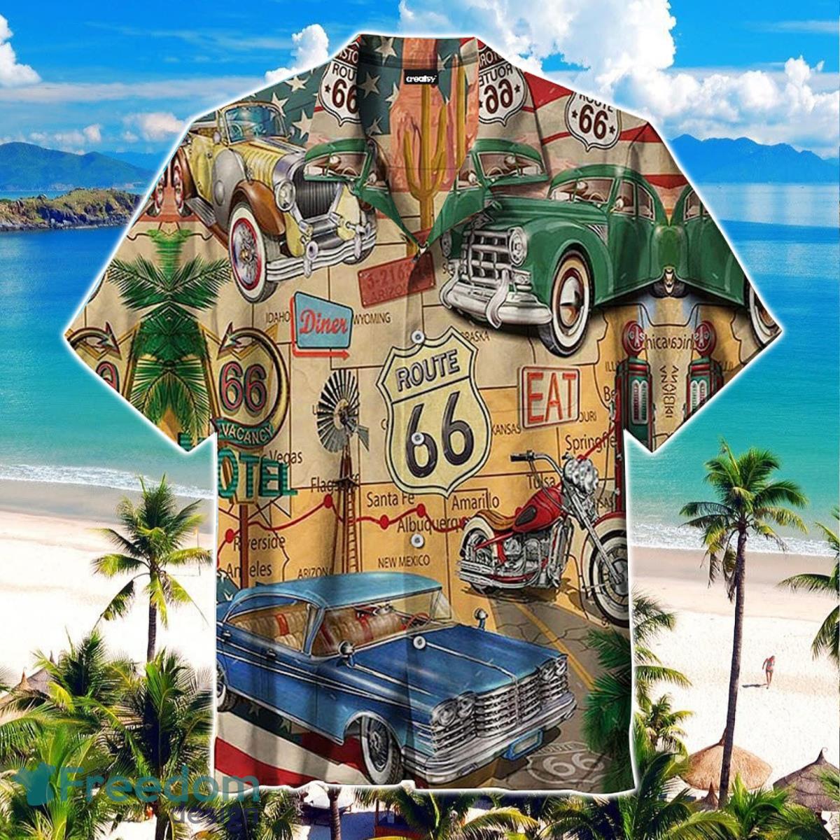 Route 66 Hawaiian Shirt, Muscle Car On Route Hawaiian Shirt Product Photo 1