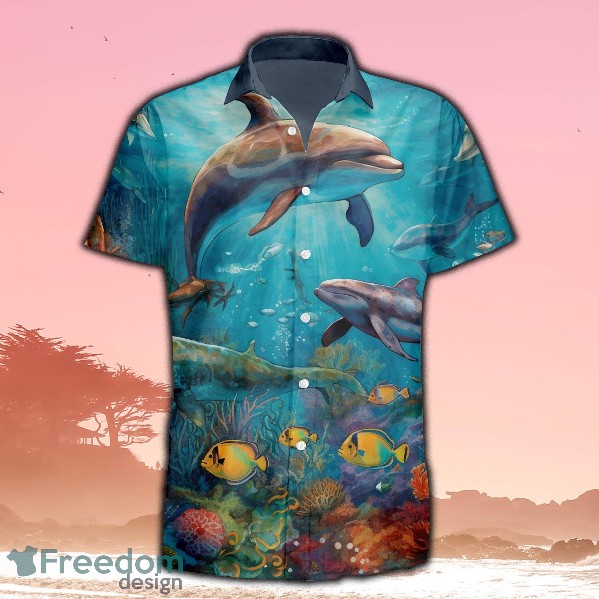 Dolphin and Sea and Beach Hawaiian Shirts for Men Short Sleeve Button Down  Tshirt Summer Tops