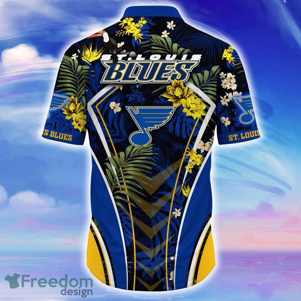 St Louis Blues Hawaiian Shirt Yellow Hibiscus Palm Leaf St Louis Blues Gift  - Personalized Gifts: Family, Sports, Occasions, Trending
