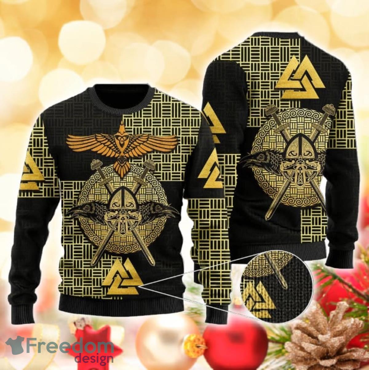 Viking Raven Odin Gold 3D Sweater Ugly Christmas Sweater For Men Women Product Photo 1