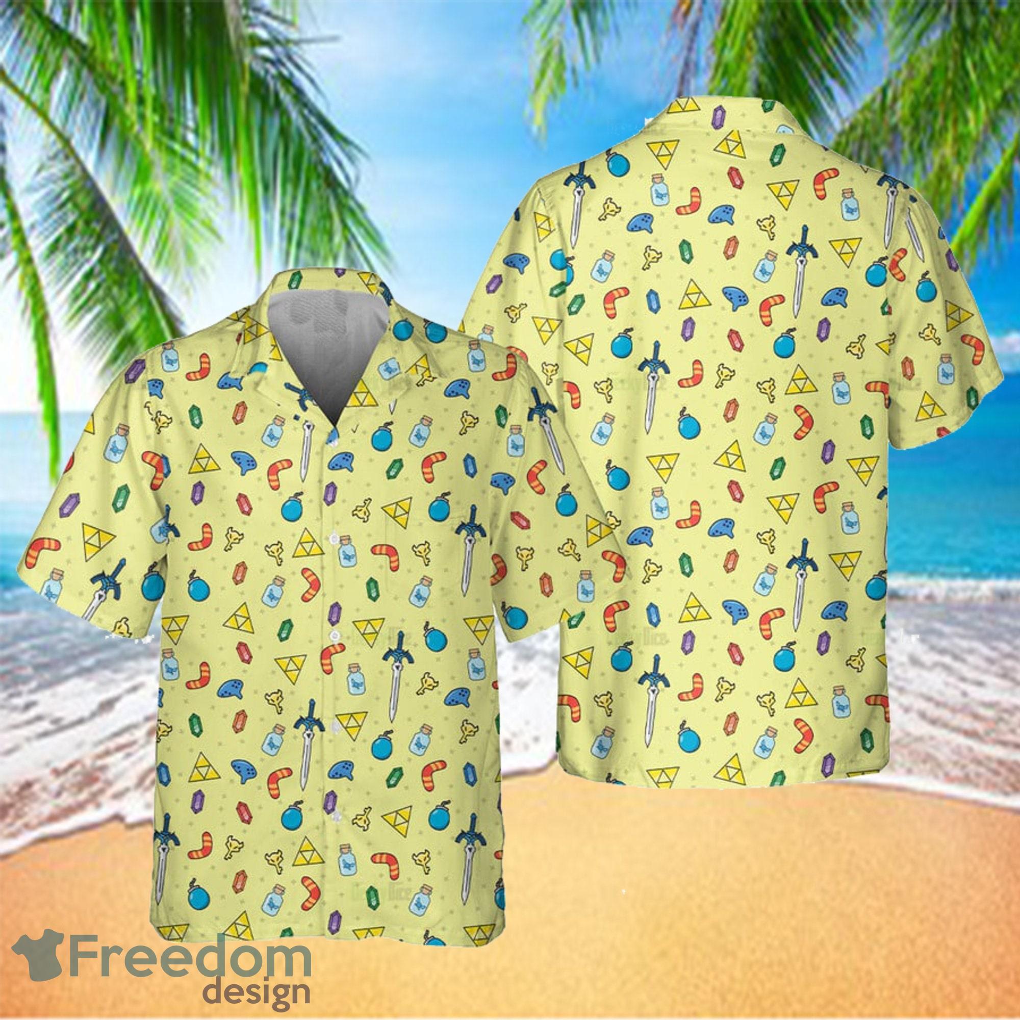 Zelda Items Button Up 3D Hawaiian Shirt Summer Beach Gift For Men And Women - Zelda Items Button Up Hawaiian Shirt, Legend Of Zelda Hawaiian Shirt, Hyrule Korok Hawaiian Shirt, Breath Of The Wild Tee, Hyrule Hawaiian_1