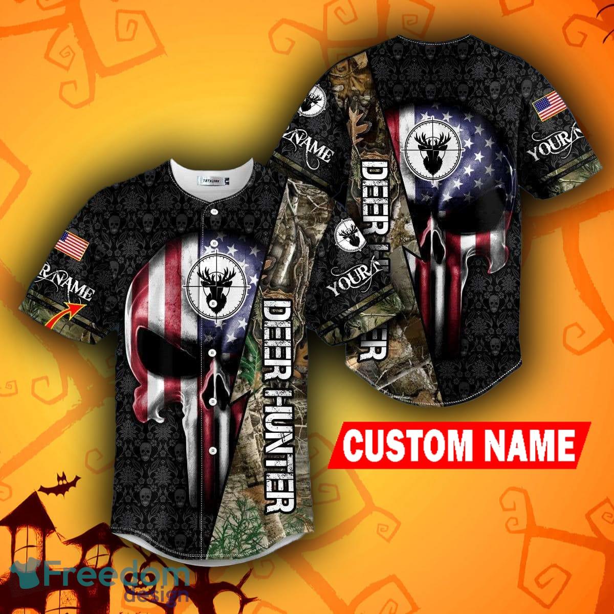 American Flag Firework Lightning Fire Skull Custom Name All Over Print  Baseball Jersey Shirt - Banantees