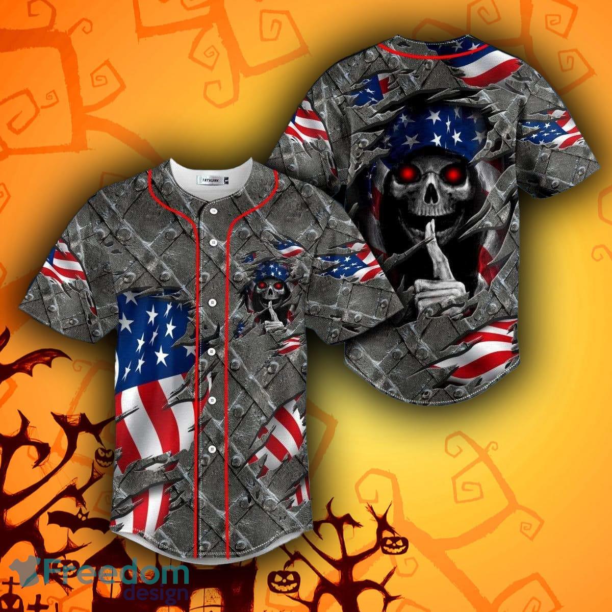 American Flag Firework Lightning Fire Skull Custom Name All Over Print  Baseball Jersey Shirt - Banantees