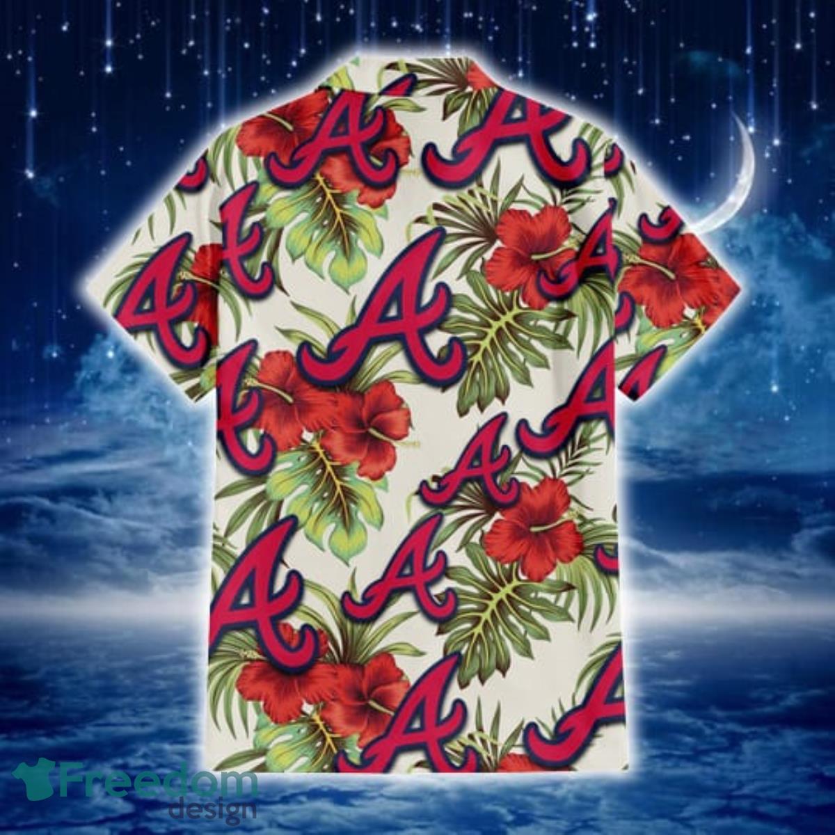 Atlanta Braves Red Hibiscus Green Tropical Leaf Cream Background 3D  Hawaiian Shirt Gift For Fans - Freedomdesign
