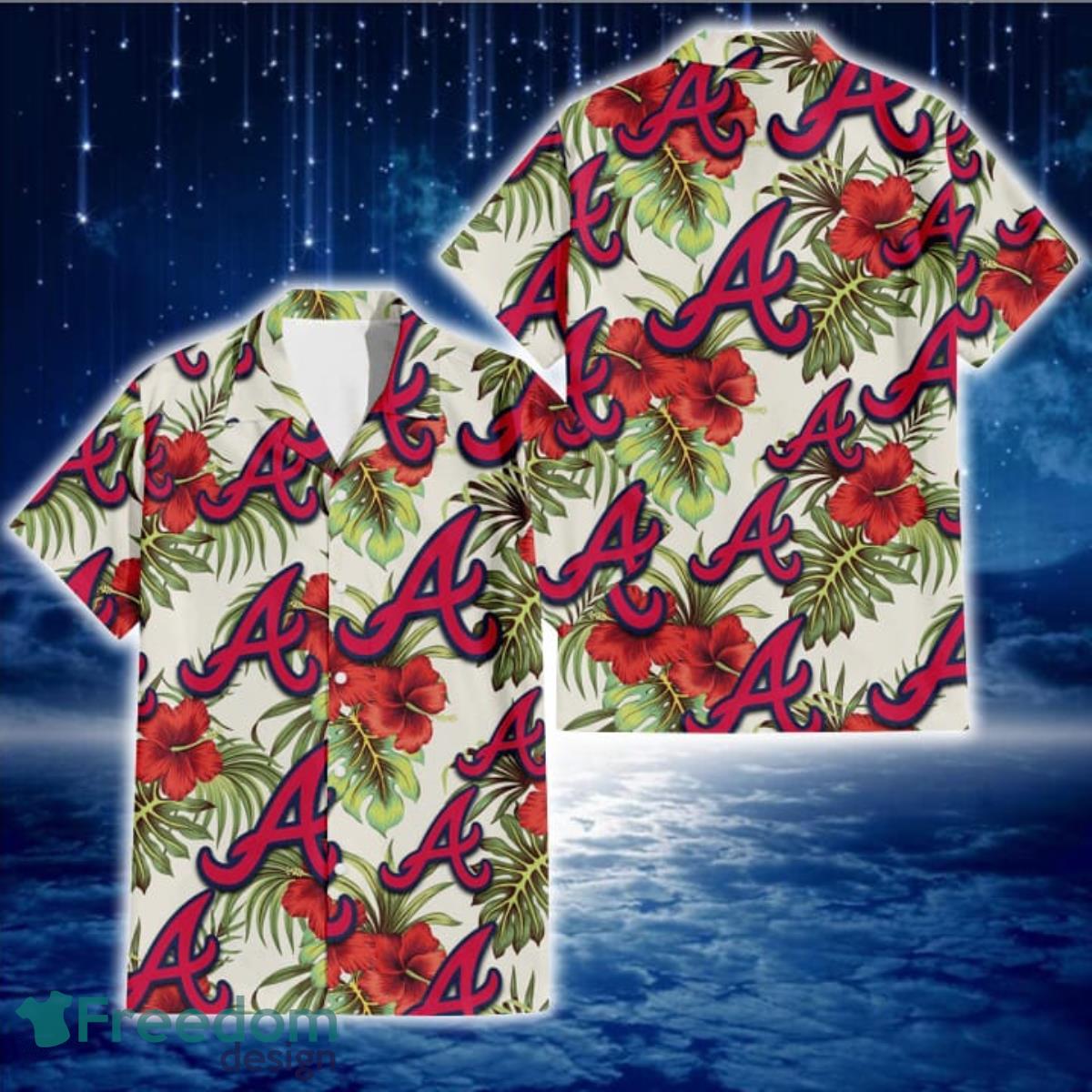 Atlanta Braves Tiny Red Hibiscus Green Leaf White Cube Background 3D  Hawaiian Shirt Gift For Fans - Freedomdesign