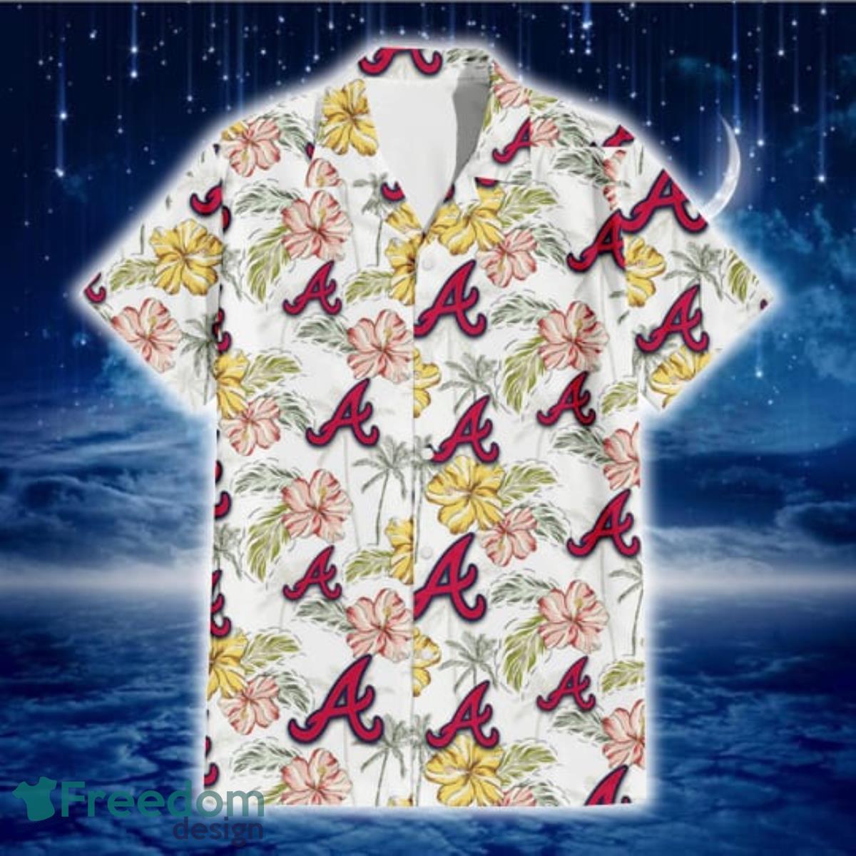 Atlanta Braves Sketch Red Yellow Coconut Tree White Background 3D Hawaiian Shirt Gift For Fans Product Photo 2