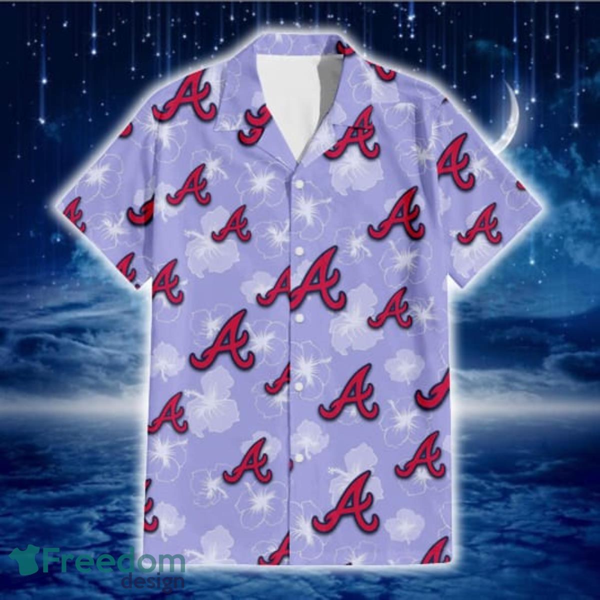 Atlanta Braves Sketch White Hibiscus Violet Background 3D Hawaiian Shirt Gift For Fans Product Photo 2