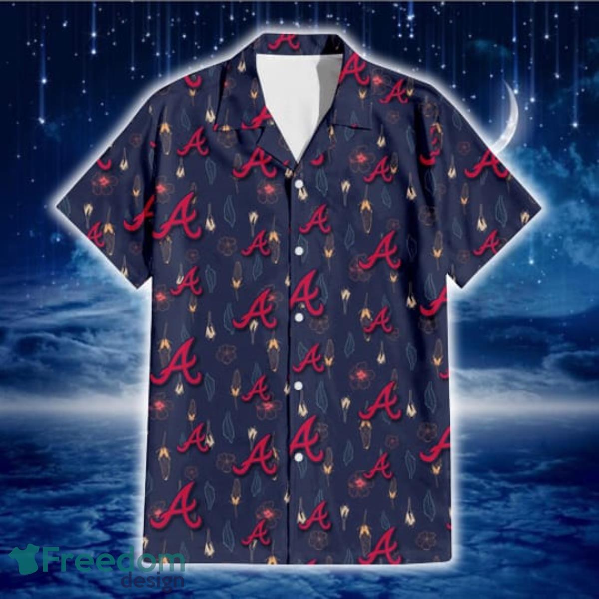 Atlanta Braves Small Hibiscus Buds Navy Background 3D Hawaiian Shirt Gift For Fans Product Photo 2