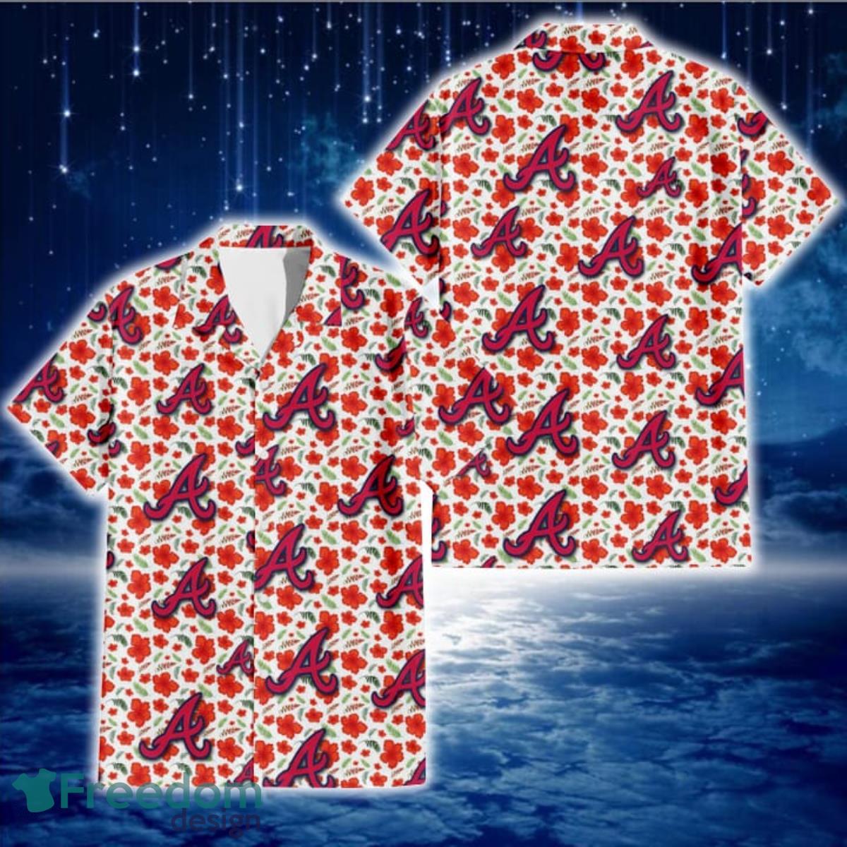 Atlanta Braves Tiny Red Hibiscus Green Leaf White Cube Background 3D  Hawaiian Shirt Gift For Fans - Freedomdesign