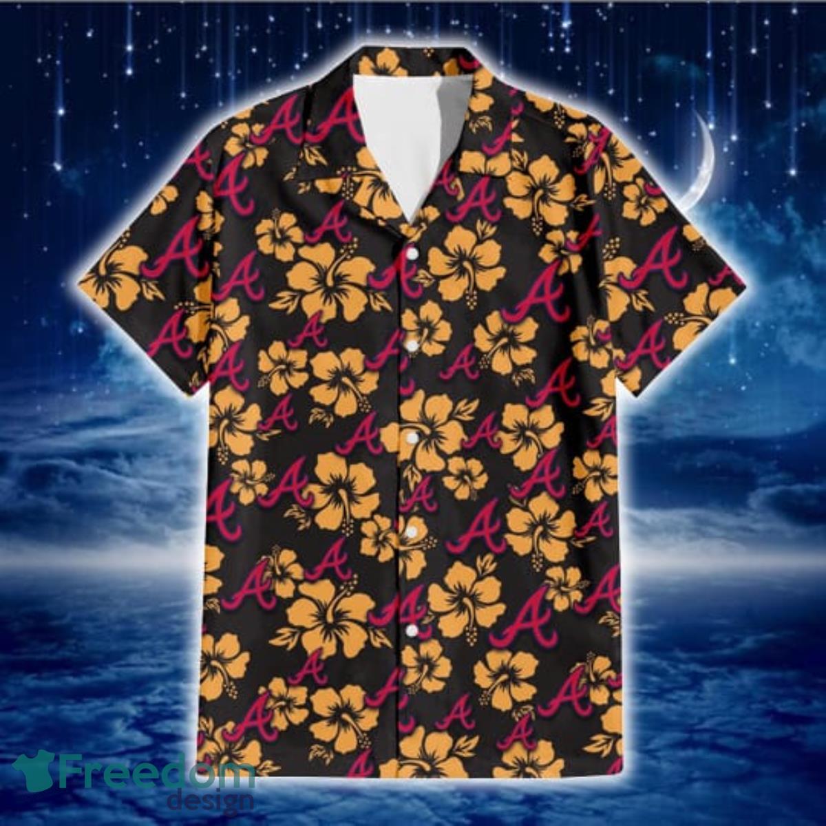 Atlanta Braves Pink Orange Yellow White Hibiscus Black Background 3D  Hawaiian Shirt Gift For Fans