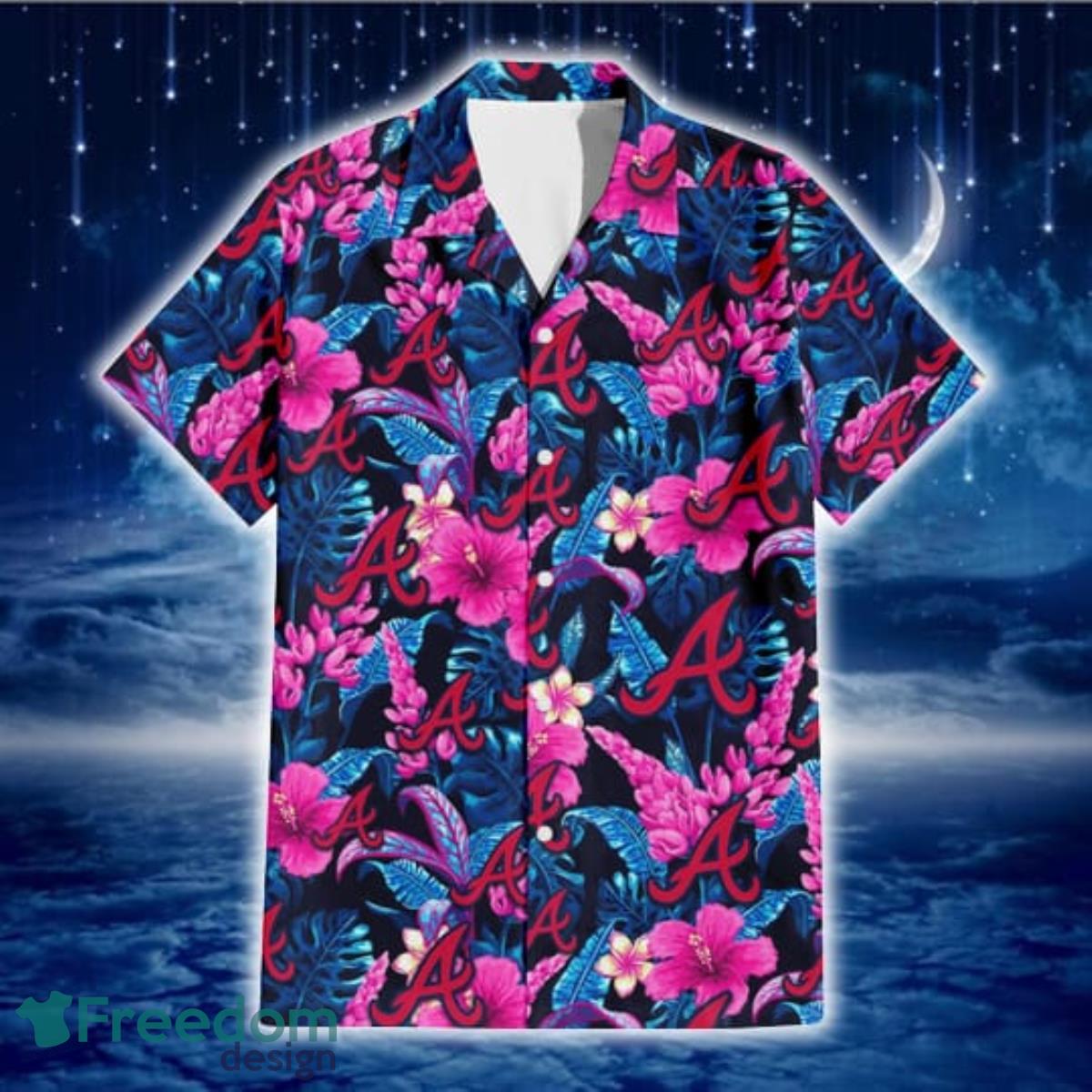 Atlanta Braves Violet Red Hibiscus Blue Leaf Black Background 3D Hawaiian Shirt Gift For Fans Product Photo 2