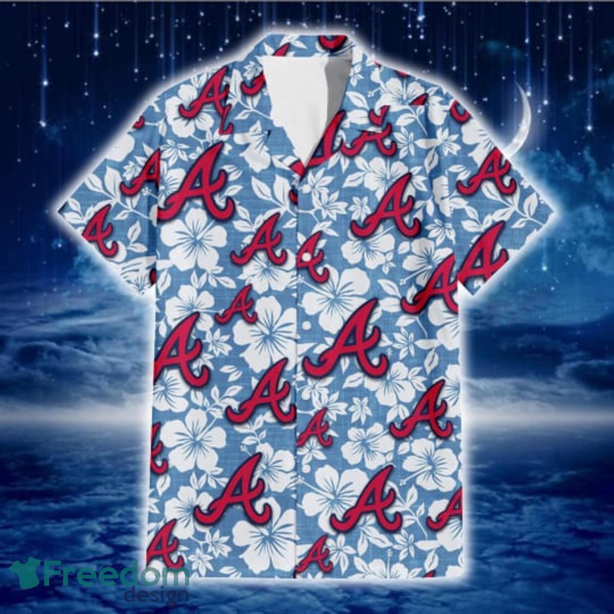 Atlanta Braves White Hibiscus Light Blue Texture Background 3D Hawaiian Shirt Gift For Fans Product Photo 2