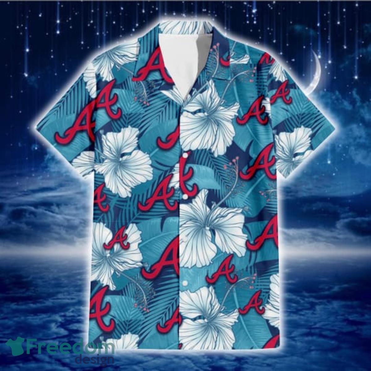 Atlanta Braves Light Blue Hibiscus Banana Leaf Navy Background 3D Hawaiian  Shirt Gift For Fans