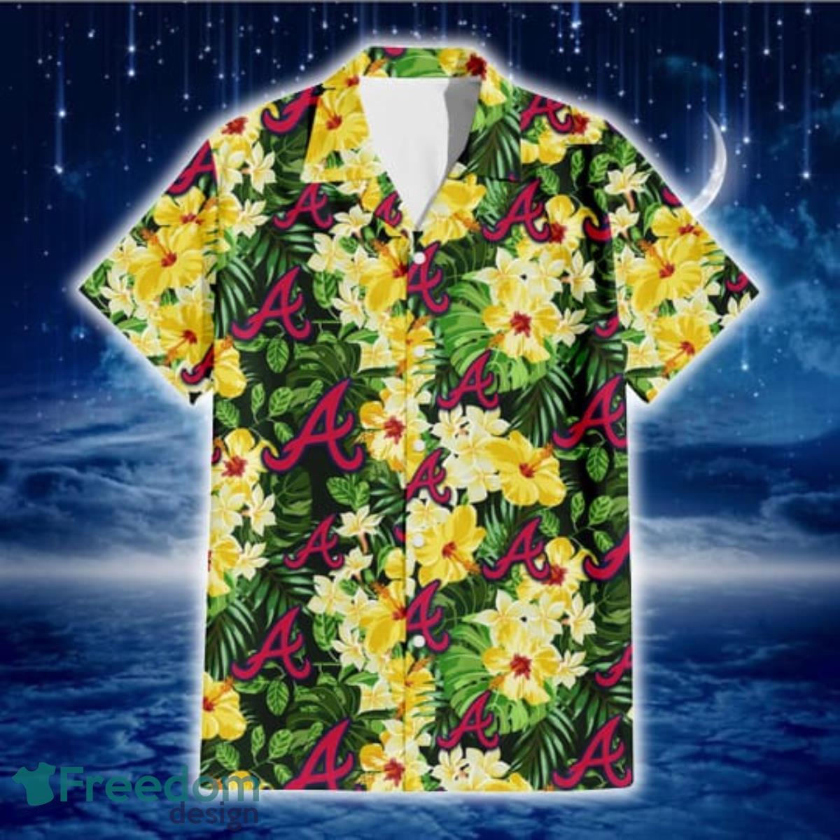 Atlanta Braves Yellow Flower Green Palm Leaf Tropical 3D Hawaiian Shirt