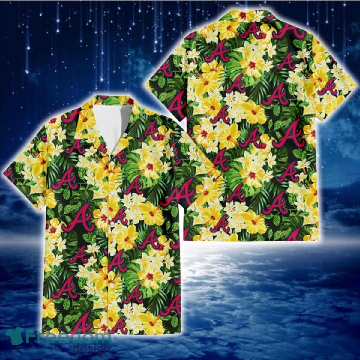 Atlanta Braves Yellow Hibiscus Tropical Green Leaf Black Background 3D  Hawaiian Shirt Gift For Fans - Freedomdesign